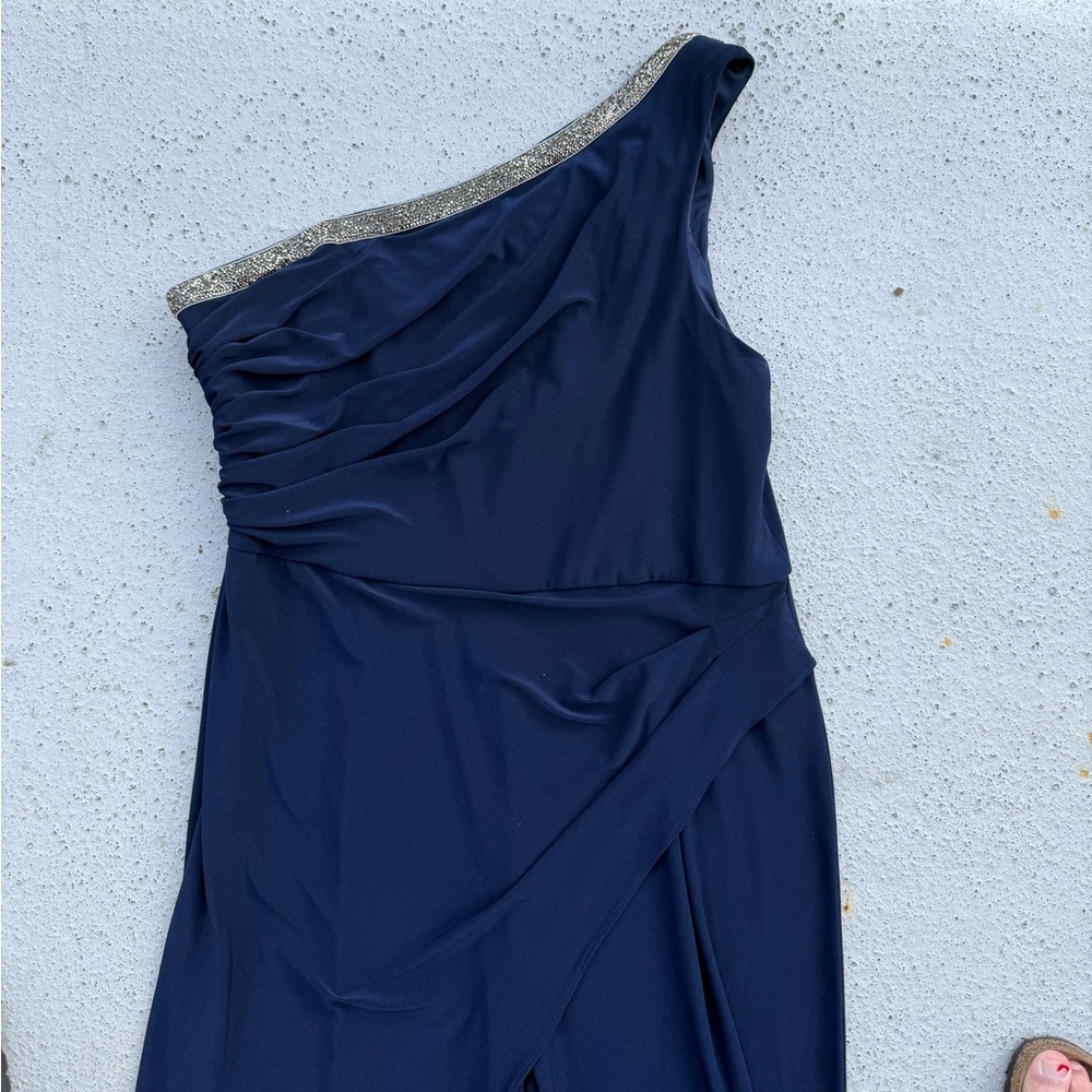 ADRIANNA PAPELL Beaded One-Shoulder Matte Jersey Jumpsuit In Midnight Size 16 - Picture 8 of 12